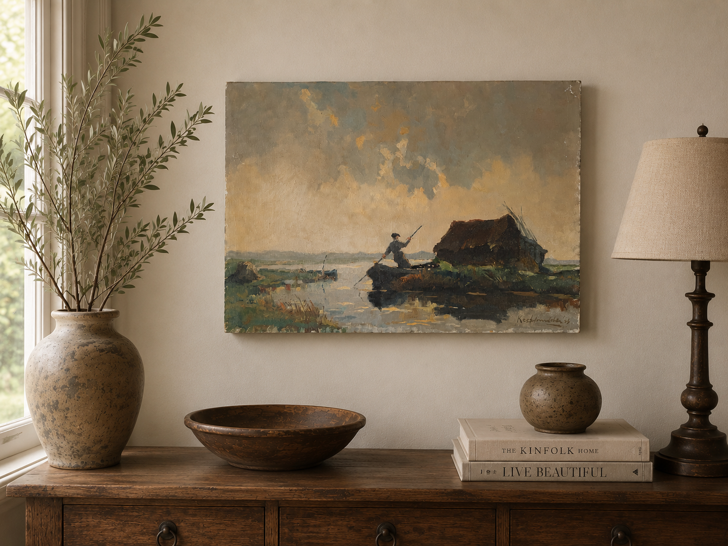 Vintage Oil on Canvas Painting - Man on a Boat