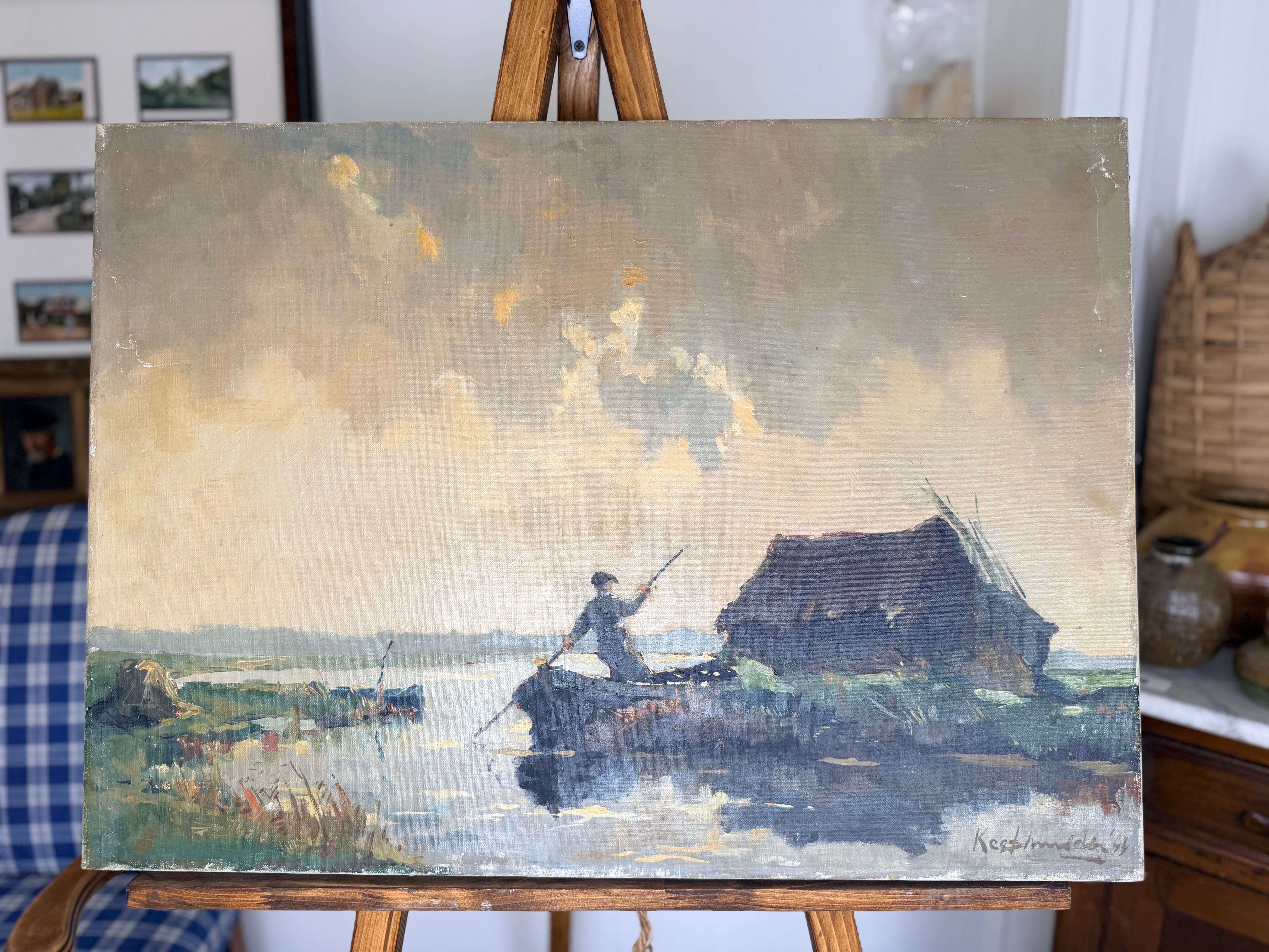 Vintage Oil on Canvas Painting - Man on a Boat