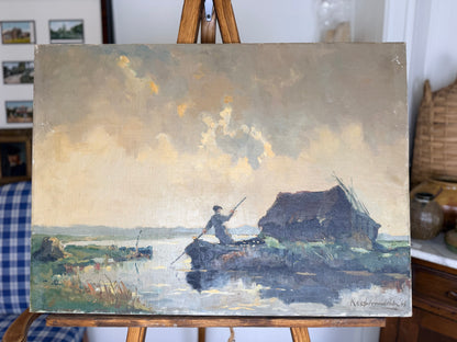 Vintage Oil on Canvas Painting - Man on a Boat